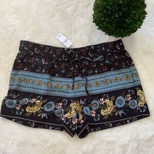 New Loft Women Black Multicolor Floral Drawstring Pull-on Shorts Pockets Large